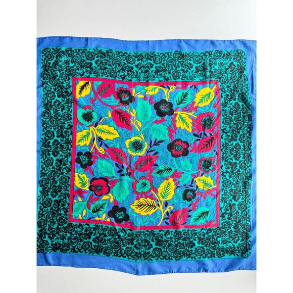 Vintage Unbranded Blue Green Tropical Floral Silk Habotai 31" x 31" Square Scarf - Picture 2 of 14